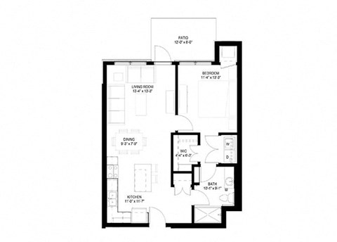 Floor plan for 1 bed, 1 bath, 774 sqft